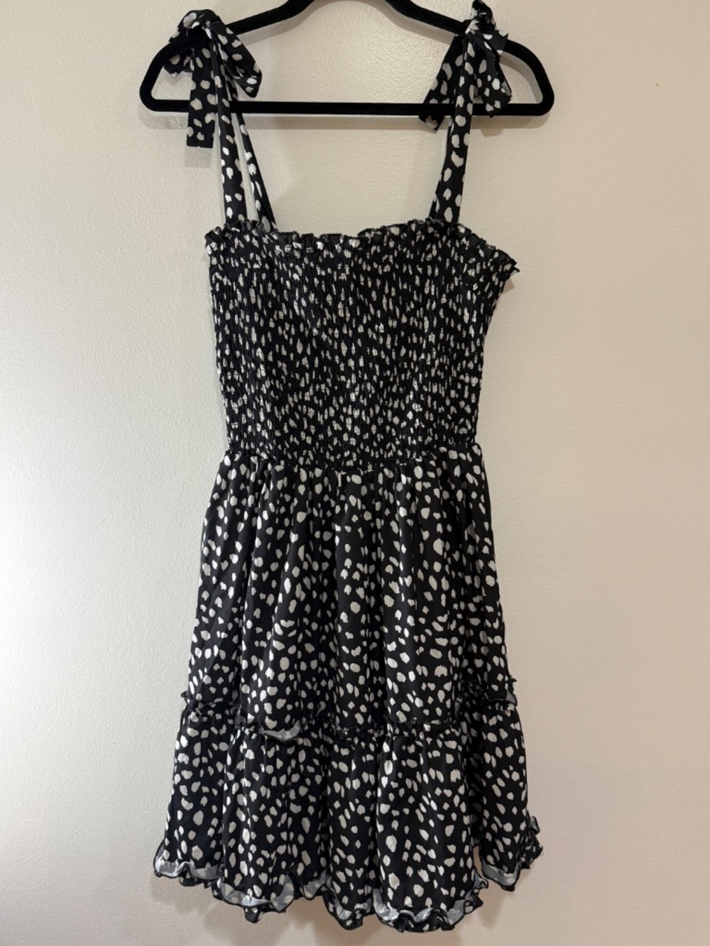 Black White Spotted Polka Dot Smocked Tie Strap Tiered Ruffle Sundress Mini XL